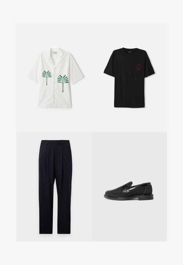 OFFICINE GENERALE LUIS PALMTREE EMBROIDE - Camicia - ecru; T-shirt nera in cotone con maniche corte, caratterizzata da un design a cuore ricamato rosso sul lato sinistro del petto. Collo alla marinara classico, vestibilità comoda.; Pantaloni blu navy a gamba dritta, realizzati in un tessuto testurizzato, con due pieghe frontali, passanti per la cintura e chiusura con zip.; Scarpa nera a mocassino intrecciata con un accentuato in pelle liscia sulla parte superiore, design a punta rotonda e suola in gomma a profilo basso.