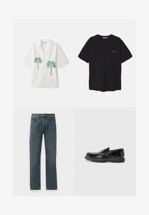 OFFICINE GENERALE LUIS PALMTREE EMBROIDE - Marškiniai - ecru; Juoda medvilninė marškinėlė su apykakle, trumpomis rankovėmis ir baltu logotipu kairėje krūtinės pusėje. Paprastas, vientisas spalvų dizainas.; Tamsiai mėlyni džinsai su tiesiomis kojomis, turintys penkis kišenes, mygtuko uždarymą ir kontrastingus siuvimo akcentus.; Juodas odinis loaferis su blizgiu paviršiumi, apvaliu pirštu, subtiliais siūlių detalėmis ir storu guminio pado, užtikrinančio ilgaamžiškumą.