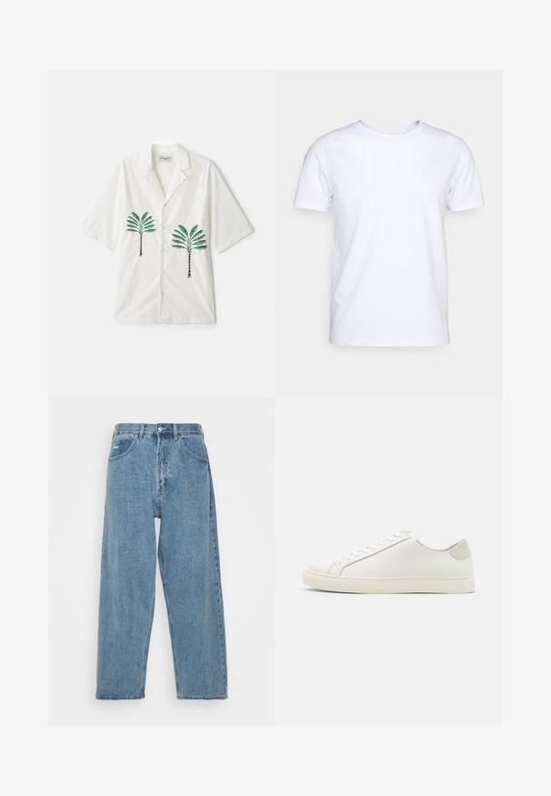 OFFICINE GENERALE LUIS PALMTREE EMBROIDE - Shirt - ecru; White short-sleeve t-shirt in cotton fabric with a round neckline. Simple design with no patterns or accents. Smooth texture.; Light blue denim jeans with a high-waist, relaxed fit, featuring two front pockets, a back patch pocket, and a button closure.; White leather sneaker with a smooth surface, round toe, and minimalistic design. Features beige accents on the heel and a rubber sole.