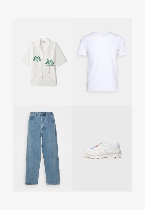 OFFICINE GENERALE LUIS PALMTREE EMBROIDE - Shirt - ecru; White short-sleeve t-shirt in cotton fabric with a round neckline. Simple design with no patterns or accents. Smooth texture.; Light blue denim jeans with a high-waist, relaxed fit, featuring two front pockets, a back patch pocket, and a button closure.; White athletic shoe with textured mesh upper, reflective accents, and a cushioned sole. Notable brand logo on the side.