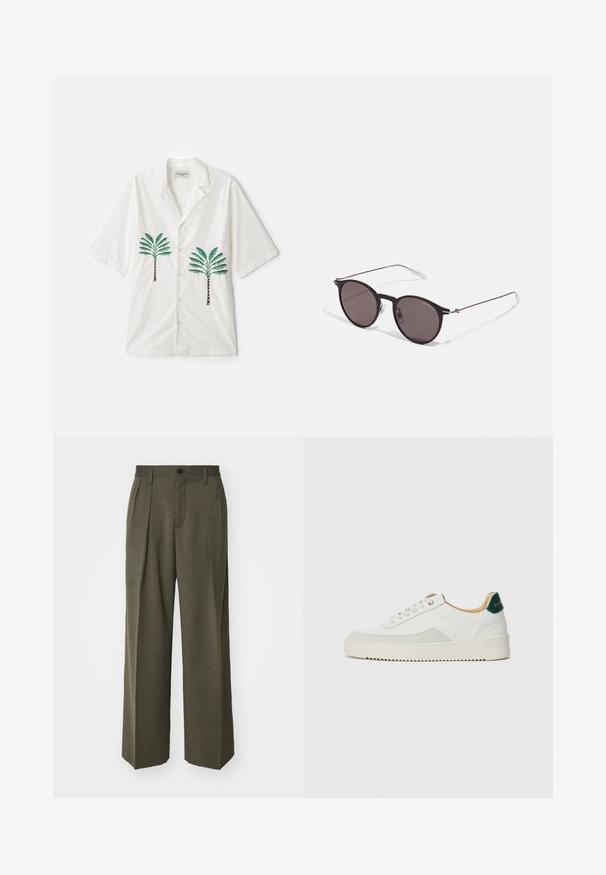 OFFICINE GENERALE LUIS PALMTREE EMBROIDE - Button down-skjorte - ecru; Svart bomulls T-skjorte med rund hals, korte ermer og "EMPORIO ARMANI" logo i hvitt over "Milano" i en buet design.; Filippa K WIDE TROUSERS - Bukse - driftwood; Hvit sneakers med semsket detaljer, rund tå, flate snøringer og en kremfarget gummisåle. Har grønn merking på hælen.; Sorte, runde solbriller med mørke linser og slanke metalarmer. Inkluderer klare temple tips og sølvfargede detaljer ved hengslet. Minimalistisk design.