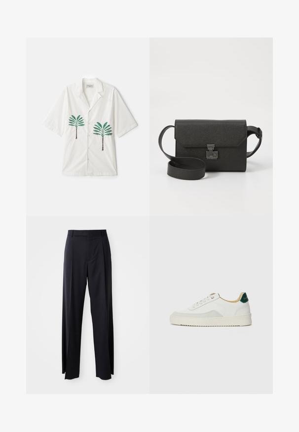 OFFICINE GENERALE LUIS PALMTREE EMBROIDE - Pluus - ecru; Mustad, kõrge vöökohtaga püksid laia säärte lõikega, valmistatud siledast kangast. Omab ees plekke ja vöörihmade jaoks silmuseid. Minimalistlik disain, nähtavat riistvara pole.; Valged tennisjalanõud, millel on sametised aktsendid, ümar varvas, lame nöörid ja kreemjas kummine põhja. Hästi nähtav roheline bränding kannal.; Mustmust nahkrist korsett, millel on tekstuuriga viimistlus, klapiga sulgemine, metallist detailid ja sobiv reguleeritav rihm.