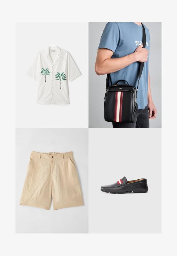 OFFICINE GENERALE LUIS PALMTREE EMBROIDE - Skjorter - ecru; Paul Smith Shorts - sand; Sort læder slip-on sko med tekstureret overflade, rød og hvid stribet detalje på overanken, rund tå og gummisål.; Sort læder crossbody taske med røde, hvide og beige lodrette striber. Har en top håndtag og justerbar rem. Lynlås lukning er synlig.