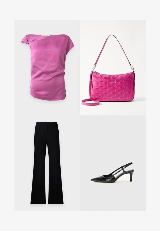 Fitted, off-shoulder top in een effen lichtroze stof met een gladde textuur. Bevat subtiele plooien aan één kant en een gebogen onderkant.; Zwarte uitlopende broek met een soepele textuur, een op maat gemaakte tailleband en voorzakken, ontworpen met een elegante, moderne silhoeët.; Zwart patent slingback hak met een spitse neus, voorzien van een gestructureerde slangenprint, verstelbare band en een korte, gestructureerde blokhak.; Compact roze handtas van gestructureerd leer, met een reliëf logo patroon, een ritssluiting en een verstelbare schouderband.