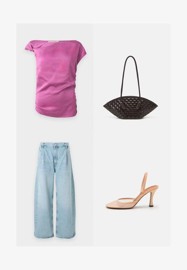 Upnutý top s odhalenými rameny z jednolité látky v světlé růžové barvě s hladkou strukturou. Má jemné nařasení na jedné straně a zakřivený lem.; Světle modré džínové kalhoty s širokým střihem a sklady vpředu, s knoflíkovým zapínáním a rovnými lemy, s vybledlou texturou po celém povrchu.; Nude síťované sandály na podpatku s špičatou špičkou, úzkým páskem kolem kotníku a stiletto podpatkem s černým akcentem na základně.; THEMOIRè OLIMPIA - Kabelka - fondant