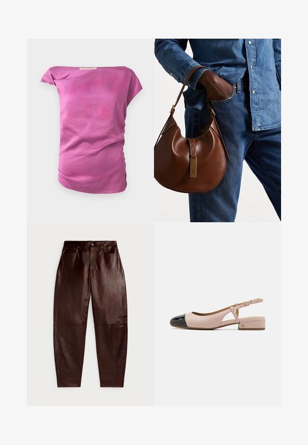 Top ajusté, décolleté décalé en tissu léger rose pâle avec une texture lisse. Présente un léger fronce sur un côté et un ourlet courbé.; Polo Ralph Lauren CURVED TAPERED LEATHER PANT - Pantalon en cuir - mahogany; Chaussure slingback avec un empeigne en cuir rosé et un bout noir laqué. Elle dispose d'un petit talon carré et d'une brides de cheville réglable.; Sac en cuir marron de style hobo avec une forme arrondie, mettant en avant un accent en métal doré et des coutures contrastantes. Assorti à une chemise en denim et un jean.