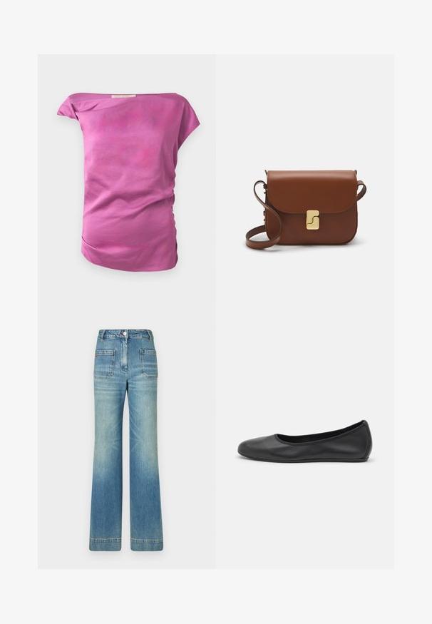 Küpsetatud, õlgadelt avatud topp, mis on valmistatud ühtsest heleda roosa kangast, millel on sile tekstuur. Omab peeneid kohti ühel pool ja kõverat allääret.; Heledad sinine denimist laienevad teksad viie tasku, vöödega, nööbiga kinnitusega ja kergelt tuhmise tekstuuriga, tagaküljel punane logo detail.; Musthave mustika tantsutossud mustast nahast, ümmarguse varbaga, siledast tekstuurist, minimaalse õmblusdetailiga ja paindliku tallakujundusega.; Pruunist nahast käekott, millel on klapiga sulgur, kuldne riistvara, õlarihm ja sile tekstuur. Kompaktne ristkülikukujuline vorm.