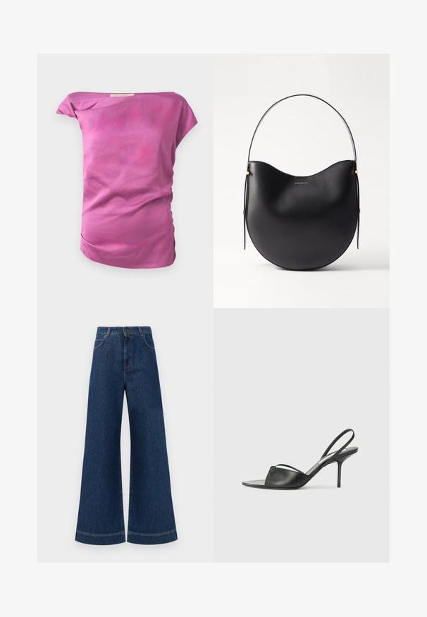 Tailliertes, schulterfreies Oberteil aus einem einfarbigen, hellrosa Stoff mit glatter Textur. Mit subtilen Raffungselementen auf einer Seite und abgerundetem Saum.; Weite blaue Jeans aus Denim mit hoher Taille, ausgestattet mit einem Knopfverschluss, Gürtelschlaufen und dezenten Stichdetails an den Taschen und Säumen.; Schwarze Leder-Slingback-Pumps mit spitzem Zehenbereich, dünnem Knöchelriemen und Stiletto-Absatz. Verfügt über ein geknotetes Detail auf dem Blatt.; Schwarze Leder-Schultertasche mit geschwungener Form, dünnem Griff und subtilen goldenen Akzenten. Glatte Textur mit minimalistischer Gestaltung.