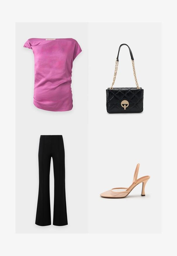 Upravený top bez ramienok v jednofarebnej svetloružovej tkanine s hladkou textúrou. Obsahuje jemné nariasenie na jednej strane a zakrivený lem.; Čierne rozšírené nohavice s vysokým pásom, vyrobené z elastického materiálu. Obsahujú vertikálne švy na prednej strane a hladkú textúru.; Nehaný sieťový sandál s podpätkom s ostrou špičkou, štíhlym remienkom na členku a stiletto podpätkom so čiernym akcentom na základni.; Čierna prešívaná kožená kabelka so zlatým reťazovým popruhom, s okrúhlym zámkom na zapínanie. Kompaktný obdĺžnikový tvar so hladkým povrchom.