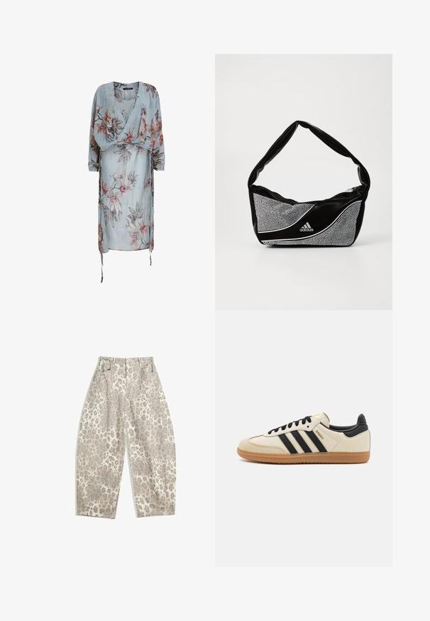 Abito a portafoglio azzurro chiaro con motivo floreale in rosa e verde, caratterizzato da maniche lunghe e laccetti regolabili in vita. Tessuto morbido e leggero.; Pantaloni a stampa leopardata in un colore beige chiaro, con un design a vita alta, gambe larghe e due tasche frontali. Realizzati in un tessuto morbido.; Scarpa sportiva beige con strisce nere, suola in gomma naturale e dettagli neri. Presenta una tomaia in pelle liscia e un design a punta arrotondata.; Borsa adidas nera e argento con una texture liscia, caratterizzata da un motivo borchiato lucido e un design curvo distintivo.