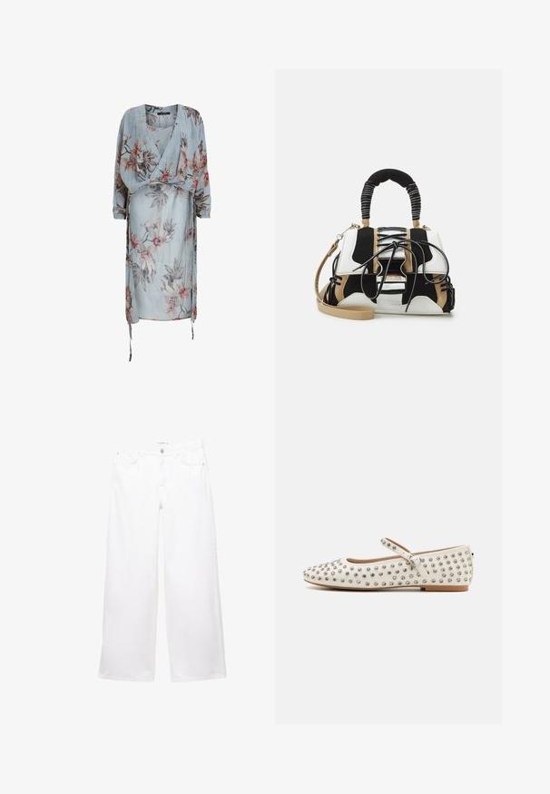 Világoskék, virágmintás pink és zöld árnyalatokkal díszített átfordítható ruha, hosszú ujjakkal és állítható derékkötővel. Puha, könnyű anyagból.; Fehér, bőszárú farmernadrág sima textúrával. Gombbal és cipzárral záródik, két elülső és két hátsó zsebbel rendelkezik.; Fehér lapos cipők lekerekített orral, ezüst szegecsekkel díszítve, dekoratív pánttal a lábfej fölött és alacsony sarokkal.; Többszínű kézitáska fekete, fehér és bézs hálós anyaggal. Textúrázott fogantyúval, fűzős dizájnnal és levehető vállpánttal rendelkezik.