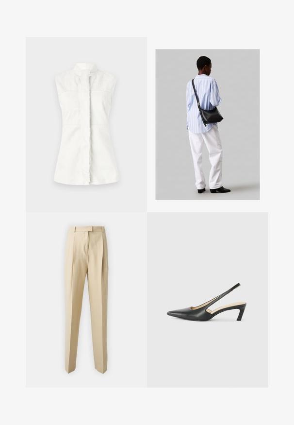 Bílá bezrukávová košile s vysokým límcem, s jemným vzorem vírů a předním zapínáním. Hladká textura, přiléhavý střih a žádné viditelné kovové prvky.; Béžové ušité kalhoty s rovnými nohavicemi, které mají sklady, pas a hladkou texturu. Žádné viditelné kapsy ani ozdobné prvky.; Černý špičatý slingback s nízkým podpatkem, vyrobený z hladké kůže, s výřezem na boku pro lepší prodyšnost.; Černá kožená kabelka přes rameno s jemnou texturou, trojúhelníkovým tvarem a nastavitelným popruhem, v kombinaci se světle modrou pruhovanou košilí a bílými kalhotami.