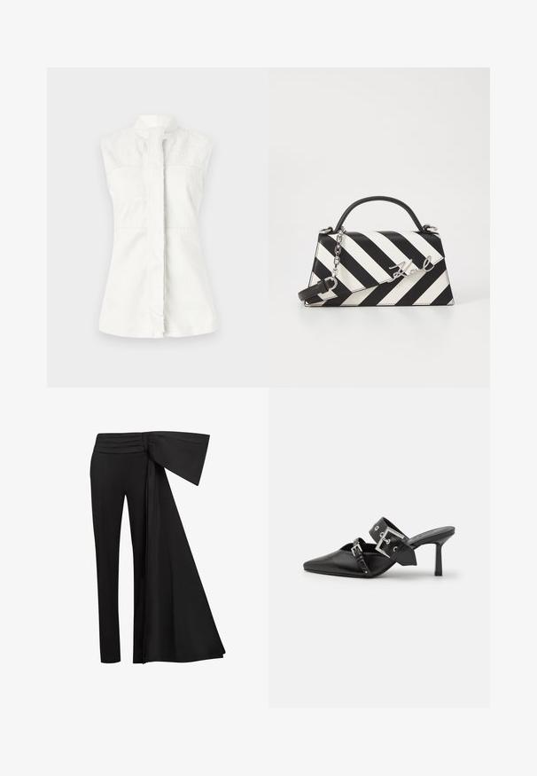 Valge ilma varrukateta särk kõrge kaelusega, millel on peen keerispattern ja eesmine lõhik. Sile tekstuur, kohandatud sobivus ja nähtavat riistvara ei ole.; Mustad püksid laia, rippuva paela detailiga taljes. Sile kangas, sirge sääre lõige ja volditud talje.; Mustad mustad kõrged kontsad, terava toe ja siledast nahast. Omab laia pahkluu rihma ruudukujulise hõbedase klambri ja nurgakujuliste naeltega.; Mustriga musta ja valgega käekott, millel on struktureeritud kuju, pehme käepide, eemaldatav ahelriba ja metallist logo aktsent.