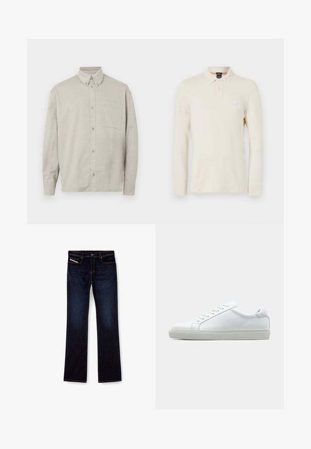 Camisa de botão de manga longa cinza clara, feita de um tecido macio. Apresenta colarinho botão, bolso frontal e um corte descontraído.; Camisa polo de mangas longas em bege claro, feita de um tecido suave, com colarinho polo, pala de botão de dois e um pequeno logotipo no peito.; Jeans de denim azul escuro com corte reto, apresentando costuras laranjas, fecho zip e bolsos frontais. Textura suave e cintura padrão.; Sapatilha branca com um cabedal em couro liso e de perfil baixo. Apresenta um bico redondo, seis ilhoses e uma sola de borracha texturizada.