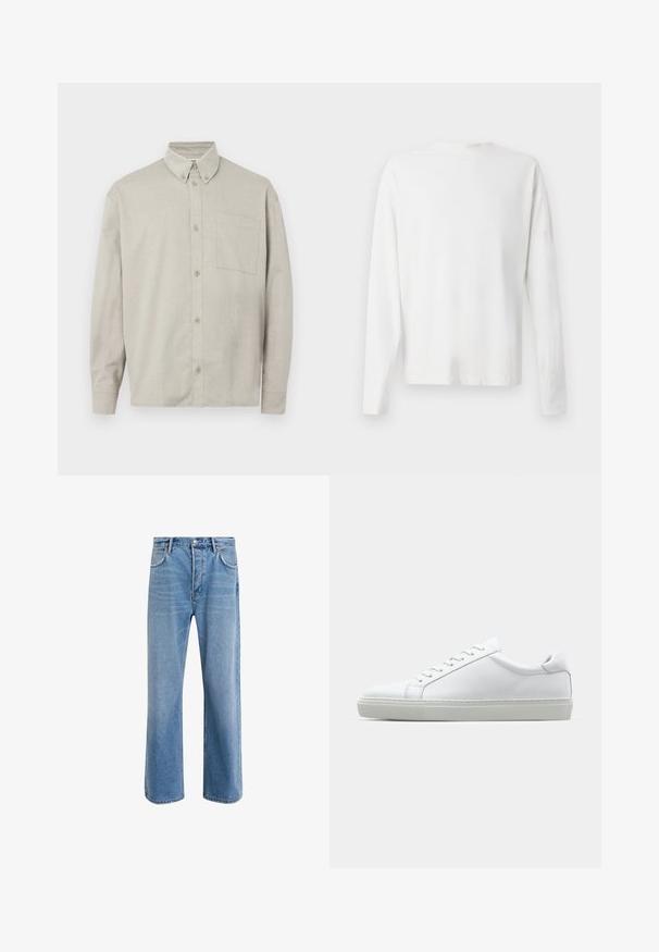 Lichtgrijs, lange mouwen overhemd met knopen gemaakt van zachte stof. Heeft een button-down kraag, een borstzak en een relaxte pasvorm.; Witte katoenen blouse met lange mouwen en een ronde halslijn, met zijsplitten aan de onderkant en een gladde textuur, vanuit de achterkant weergegeven.; Lichtblauwe denim jeans met een straight-leg ontwerp, vijf zakken, knoopsluiting, minimale vervaging en contrasterende stikseldetails.; Witte sneaker met een gladlederen bovenwerk en een laag profiel. Voorzien van een ronde neus, zes vetergaatjes en een gestructureerde rubberen zool.