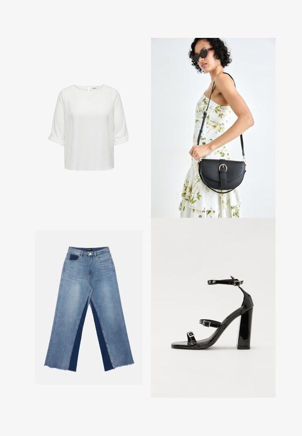 Baltas īsām piedurknēm blūze ar apaļu dekoltē, ar piegrieztiem piedurkņu galiem un atpakaļ atslēgas caurumu. Gluda auduma tekstūra. Ikdienas dizains.; Gaiši zili platā piegriezuma džinsi ar kontrastējošiem tumši ziliem paneļiem, nodilušiem apakšmalām un standarta jostasvietu ar metāla pogu aizdari.; Melnas lakotas augstpapēžu čības ar kvadrāta purngalu, potīšu siksniņām un sudraba sprādzēm. Aprīkotas ar masīvu bloku papēdi stabilitātei.; Melnas ādas rokassoma ar izliekta formu, noņemamu siksnu un zelta aksesuāriem. Somai ir vāciņš ar sprādzes detaļu.