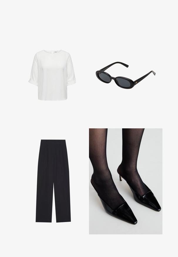 Balta trumpa rankovė su apvaliu kaklu, su reversible rankovėmis ir užpakaline skylute. Lygaus audinio tekstūra. Kasdienis dizainas.; Juodos plačios kojos kelnės, pagamintos iš glotnaus audinio, su klostėmis, lygia juosmens juosta ir be matomų kišenių ar papuošimų.; Juodos lakuotos odinės mules su smailiu pirštu ir žemu iškirpimu. Yra plona kulniukė ir derinamos su juodomis permatomomis kojinėmis.; Juodos didelės saulės akinių su ovaliais objektyvais, lygia plastiko rėmeliu ir aukso akcentais ant šventyklos. Tamsūs objektyvai suteikia apsaugą nuo saulės.