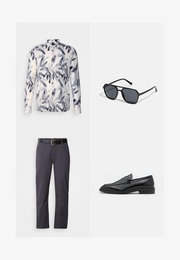 Hosszú ujjú, fehér pamutból készült, gombos ing kék levélmintával, klasszikus gallérral és lekerekített szegéllyel.; Fekete pamut nadrág egyenes szabással, két elülső zsebbel és övvel. Az anyag sima tapintású és matt felületű.; Fekete bőrcipók sima felülettel, kerek orral és keskeny sávval a felsőrészen. Alacsony, rétegelt sarkú.; Fekete napszemüveg nyolcszögletű kerettel, sötét lencsékkel, fényes felülettel, vékony szárakkal és arany díszítéssel az elülső részén.