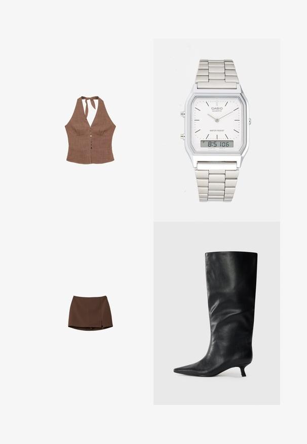Rjav halter top iz teksturiranega materiala, z V-izrezom, gumbnim zapiranjem spredaj in zavezovanjem okoli vratu. Oblika tesno prilegajočega korpusa.; Rjava krila iz gladkega materiala, s preprosto ravno silhueto in stranskim razporkom. Enostavno oblikovanje brez vzorcev ali kovinskih detajlov.; Črne usnjene škornje do kolen s koničastim nosom in nizko peto, prikazane na enostavni svetli podlagi.; Srebrna ura iz nerjavečega jekla s kvadratno ohišjem, belo številčnico, analognim in digitalnim prikazom ter kovinskim linkovnim zapestjem. Vodoodporna zasnova.