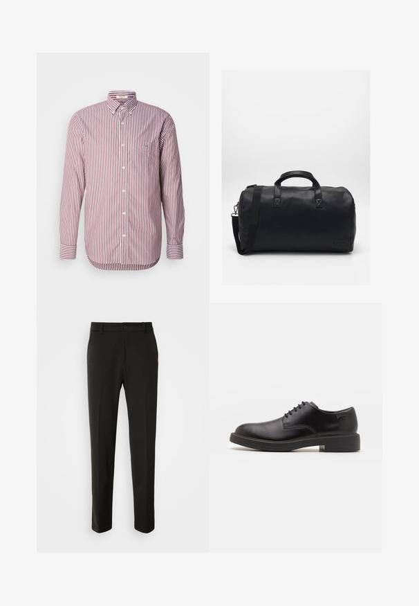 GANT REG POPLIN STRIPE - Overhemd - wine red; Zwarte broek van gladde stof, met rechte pijpen, een knoopsluiting en een klassiek ontwerp dat geschikt is voor zowel formele als casual gelegenheid.; Zwarte leren veterschoen met een ronde neus, een gladde textuur, minimale stiksels en een lage rubberen hak. Logo op de hak.; Zwarte duffelbag gemaakt van textuursynthetisch materiaal. Beschikt over twee handvaten en een verstelbare schouderband. Eenvoudig ontwerp zonder zichtbare patronen.