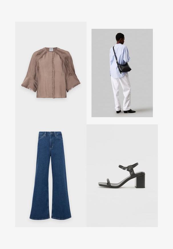 Blusa color taupe con ampie maniche a 3/4, rifiniture in frange lungo le cuciture e ai polsini, scollatura rotonda e chiusura frontale nascosta.; Jeans in denim blu a zampa d'elefante con vita alta, dotati di cinque tasche, chiusura con bottone e cuciture a contrasto sulle cuciture.; Sandalo in pelle nera con tacco a blocco e una fascia larga sopra le dita, dotato di una cinghia regolabile alla caviglia, caratterizzato da un design elegante e minimalista.; Borsa a tracolla in pelle nera con una texture morbida, forma triangolare e tracolla regolabile, abbinata a una camicia a righe blu chiaro e pantaloni bianchi.