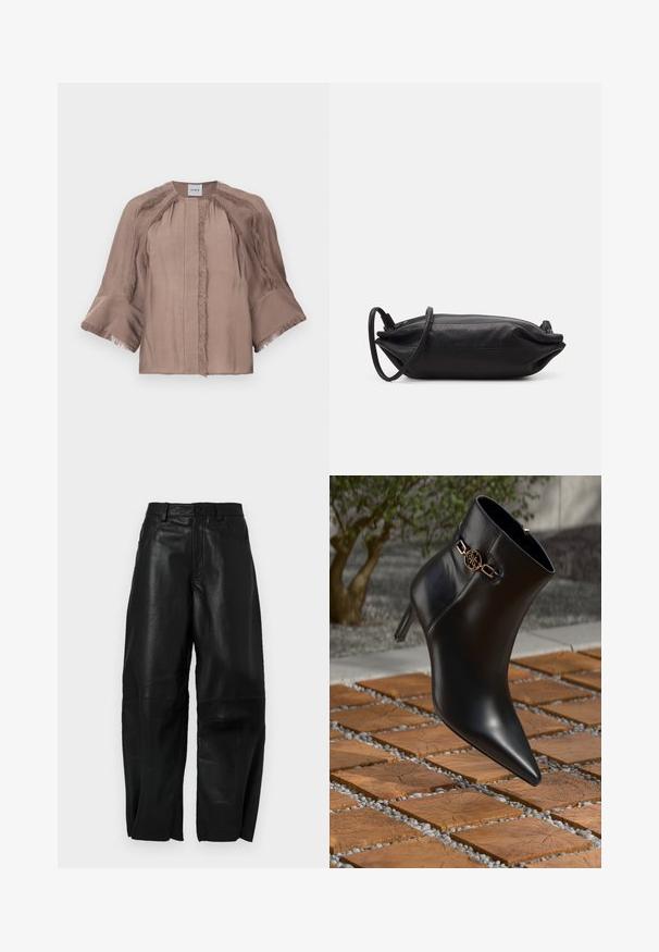 Taupe blūze ar platajām 3/4 piedurknēm, frizēta apdare gar šuvēm un aprocēm, apaļa kakla izgriezums un slēpts priekšējais aizdare.; Melnas ādas bikses ar brīvu piegriezumu, ar taisna kāju dizainu, priekšējiem kabatas un redzamām šuvju detaļām.; Melnas ādas potītes zābaki ar norādītu pirkstu un mazu papēdi. Ar zelta ķēdes akcentu uz potītes. Iespaidīgi izvietoti uz teksturētas akmens virsmas.; Melnas ādas plecu soma ar taisnstūra formu, gludu tekstūru, plānu plecu siksnu un minimālistisku dizainu.