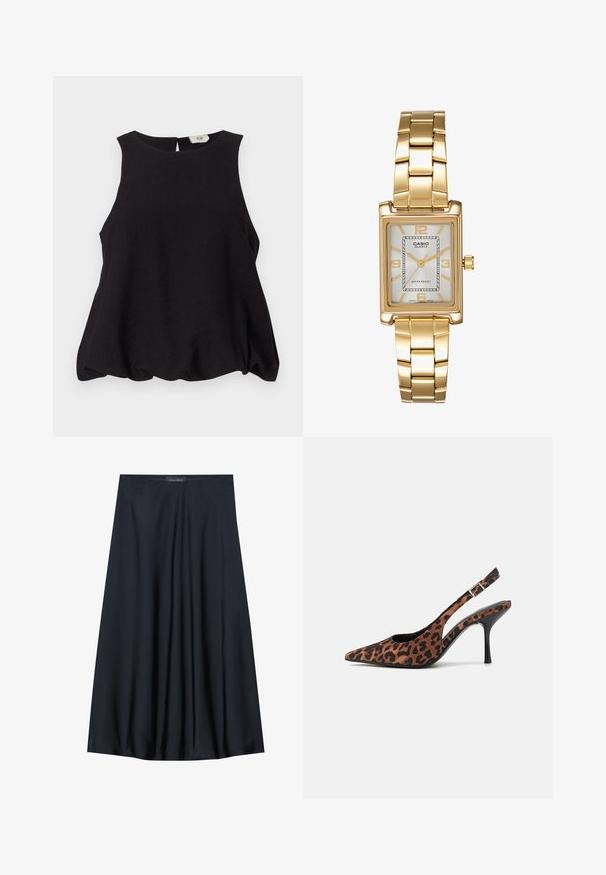 Black sleeveless top with a round neckline, loose fit, and textured fabric. Features a small back opening and no visible hardware.; Black, knee-length skirt made of lightweight fabric with a flowy design. Features a smooth texture and subtle pleats for added detail.; Leopard-print slingback high heels with a pointed toe, black glossy heel, and adjustable ankle strap. Soft material with a textured finish.; Gold-tone rectangular wristwatch with a white dial, silver-tone hour markers, and a durable metal link bracelet. Water-resistant feature included.