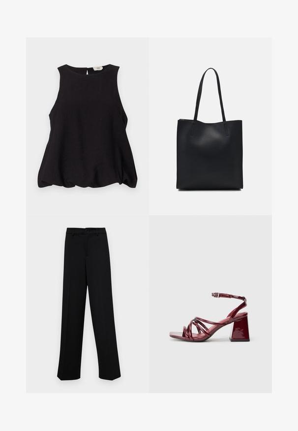 Black sleeveless top with a round neckline, loose fit, and textured fabric. Features a small back opening and no visible hardware.; Black wide-leg trousers made of smooth fabric, featuring a classic waistband with a button closure and front pleats.; Patent burgundy heeled sandals with a square toe, featuring multiple intertwined straps and a chunky block heel. Adjustable ankle strap.; Black leather tote bag with smooth texture, rectangular shape, and two long handles. No visible hardware or embellishments.