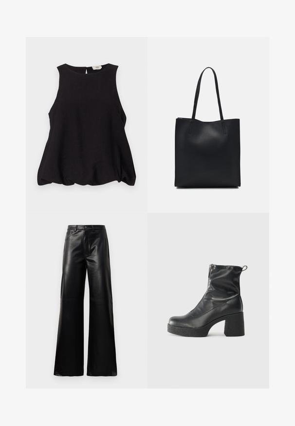 Črna brezrokavna majica s okroglim izrezom, ohlapen kroj in teksturirana tkanina. Ima majhno zadnje odprtino in brez vidne opreme.; Črne široke hlače iz umetnega usnja z visokim pasom, sprednjim gumbom, zadrgo, zanke za pas in stranskimi žepi na beli podlagi.; Črne gležnjarje iz gladke kože z božnim zadrgo, masivnim teksturiranim peto in zaobljeno obliko prstov.; Črna usnjena torba s svilnato teksturo, pravokotne oblike in dvema dolgima ročajema. Brez vidnih metalnih delov ali okrasnih elementov.