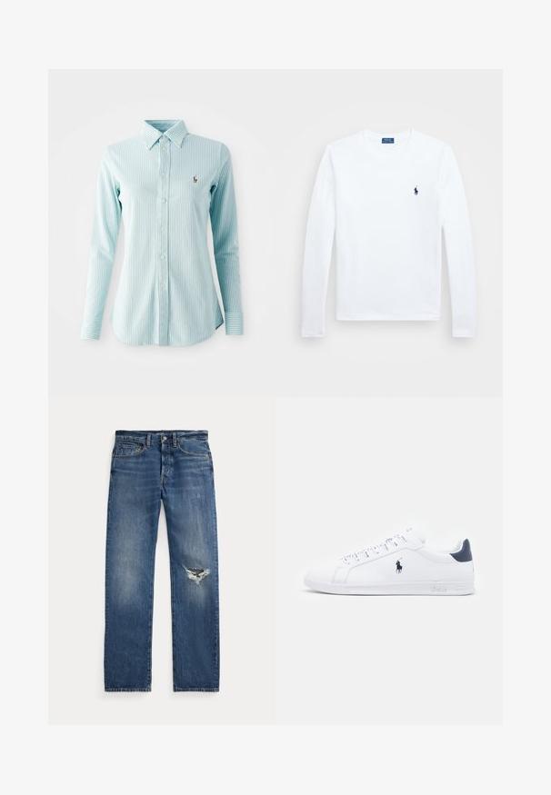 Hellblau gestreifte Hemd mit langen Ärmeln, mit Kragen und einem kleinen gestickten Logo auf der linken Brust.; Weißes Langarmshirt aus Baumwolle, runder Ausschnitt, mit kleinem blauem Logo auf der linken Brust. Einfaches Design, reguläre Passform.; Blaue Jeans aus Denim mit mittelhohem Bund, fünf Taschen und einem fransigen Riss am rechten Knie.; Weiße Leder-Sneaker mit glatter Oberfläche, marineblauen Akzenten und einem kleinen Logo an der Seite. Sie verfügen über flache Schnürsenkel und eine strukturierte Gummisohle.