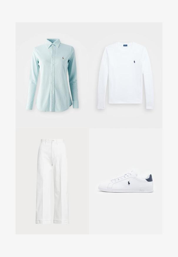 Svetlomodrá pruhovaná košeľa na gombíky s dlhými rukávmi, obsahujúca golier a malú vyšívanú nášivku na ľavej hrudi.; Biela košeľa s dlhým rukávom, z bavlnenej látky, s okrúhlym výstrihom, s malým námorníckym logom na ľavej hrudi. Jednoduchý dizajn, bežný strih.; Biele široké nohavice s vysokým pásom, s gombíkovým zapínaním a jemnými švovými detailami. Vyrobené z bavlny s hladkou textúrou.; Biele kožené tenisky s hladkým povrchom, námorníckymi akcentmi a malým logom na boku. Obsahujú ploché šnúrky a textúrovanú gumovú podrážku.