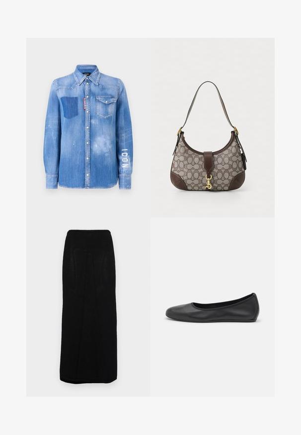 Denimskjorta i ljusblått med en urtvättad finish. Har en ficka med patch, krage med knappar och vit text "ICON" på ärmen.; Svart stickad maxikjol med rak silhuett, med en ribbad midjeband och subtila vertikala sömmar längs sidorna.; Svart läderballerinaskor med rund tå, slät yta, minimala söm detaljer och en flexibel sula.; COACH HAMPTONS HOBO BAG IN SIGNATURE JACQUARD - Handväska - oak maple