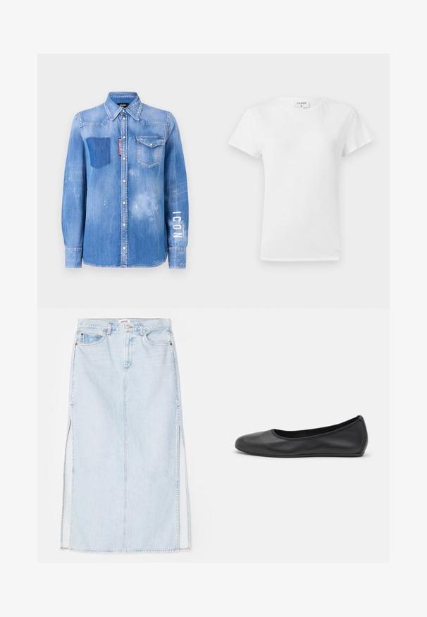 Denim srajca v svetlo modri barvi z obrabljenim izgledom. Ima žep s pate, ovratnik na gumb in bel napis "ICON" na rokavu.; Bela bombažna majica s krojem na vratu in kratkimi rokavi, ki ima sproščen kroj in minimalističen dizajn. Oznaka vidna na vratu.; Svetlo modra jeanska maxi krilna obleka s ravnim krojem, ki ima stranske odprtine in pet žepov. Izstopajoče šivanje in kovinski gumb za zapiranje.; Črne usnjene balerinke z zaobljenim nosom, gladko teksturo, minimalnimi šivi in fleksibilno zasnovo podplata.
