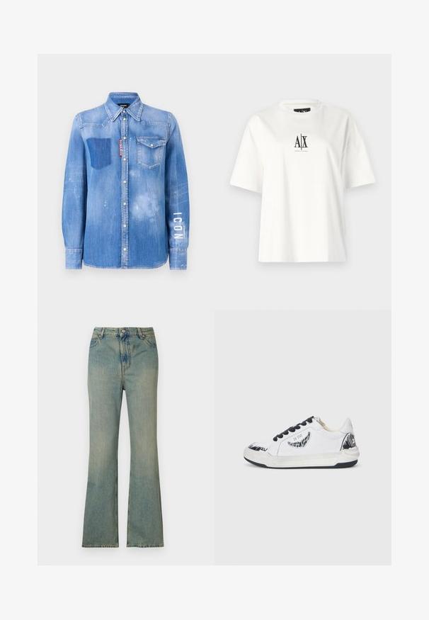 Denim srajca v svetlo modri barvi z obrabljenim izgledom. Ima žep s pate, ovratnik na gumb in bel napis "ICON" na rokavu.; Bela bombažna majica s kratkimi rokavi, sproščenim krojem in črnim logotipom natisnjenim na sprednjem delu. Gladka tekstura, brez dodatnih vzorcev.; Svijetloplave traper hlače s proširenim nogavicama i visokim strukom, pet džepova i patentnim zatvaračem. Čist, izbjeljeni izgled s suptilnim detaljima šivanja.; Bela teniska z črnimi detajli, ki ima teksturiran dizajn na strani, črne vezalke in gumijast podplat. Logotip in umetniško delo na zgornjem delu.