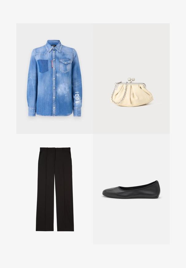 Camisa de denim en azul claro con un acabado desgastado. Presenta un bolsillo de parche, cuello con botones y texto blanco "ICONO" en la manga.; Pantalones negros ajustados hechos de una tela suave, con un diseño de pierna recta y dos bolsillos laterales. Construcción elegante y minimalista.; Bailarina de piel negra con punta redondeada, textura suave, detalle de costura minimalista y diseño de suela flexible.; Clutch de cuero beige plisado con un marco de metal plateado, que cuenta con dos broches decorativos redondos y una correa de cadena plateada.