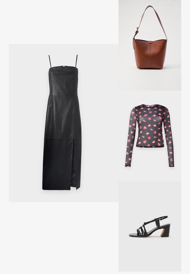 Long-sleeve, sheer black top featuring repeated red lips pattern with white highlights, fitted design, and round neckline.; Filippa K TUBE DRESS - Day dress - black; Paul Smith AMIRA - Classic heels - black; Brown leather shoulder bag with a curved shape, smooth texture, and a single thin strap. Features a subtle seam and a small logo detail.