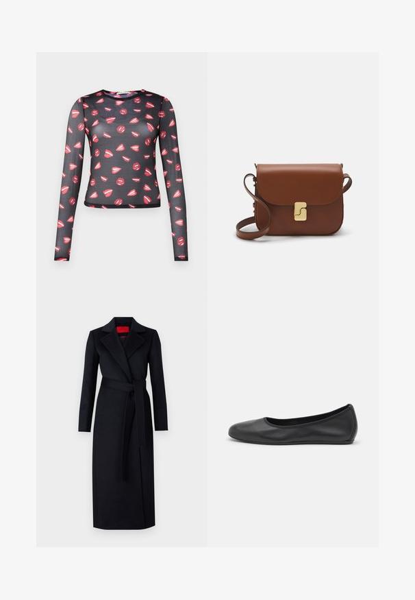 Dugih rukava, prozirna crna majica s ponavljajućim uzorkom crvenih usana s bijelim naglascima, prilagođenog kroja i okruglim izrezom.; Crni trench kaput s dugim rukavima, omotani dizajn i odgovarajući pojas. Izrađen od glatke tkanine, s uklještenim ovratnikom i bočnim džepovima.; Crne kožne baletanke s zaobljenim vrhom, glatke teksture, minimalnim detaljima šavova i fleksibilnim dizajnom potplata.; Smeđa kožna torba s preklopom, zlatnim detaljima, remenom za nošenje preko ramena i glatkom teksturom. Kompaktni pravokutni oblik.