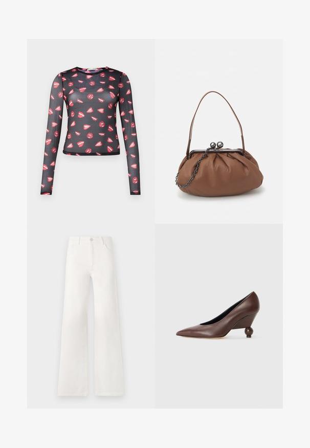 Långärmad, genomskinlig svart topp med ett upprepat mönster av röda läppar och vita detaljer, figurnära design och rund halsringning.; Vita, högmidjade jeans med vida ben i denim. Har en knappstängning, två framfickor och sidsömmar med stickningsdetaljer.; Brun läderwedge med spetsig tå och rund, bollformad klack. Slät yta med en enkel design och minimala detaljer.; Brun läderhandväska med en samlad design, ett kort läderhandtag och en kedjestrapsrem. Har ett silverfärgat metallspänne med två runda detaljer.