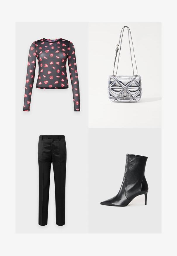 Langmouwige, doorschijnende zwarte top met een herhaald patroon van rode lippen en witte accenten, nauwsluitend ontwerp en ronde halslijn.; Zwarte op maat gemaakte broek met rechte pijpen en een tailleband met riemlussen, voorzien van een mix van matte en glanzende stofpanelen.; Zwarte enkelboots van soepel leer, met een spitse neus, een aangesloten schacht en een slanke hoge hak. Minimalistisch ontwerp zonder zichtbare hardware.; Metallisch zilverkleurige crossbody tas met geometrisch quiltelontwerp, een vlakke klep en een verstelbare riem met zilveren hardwareaccenten.