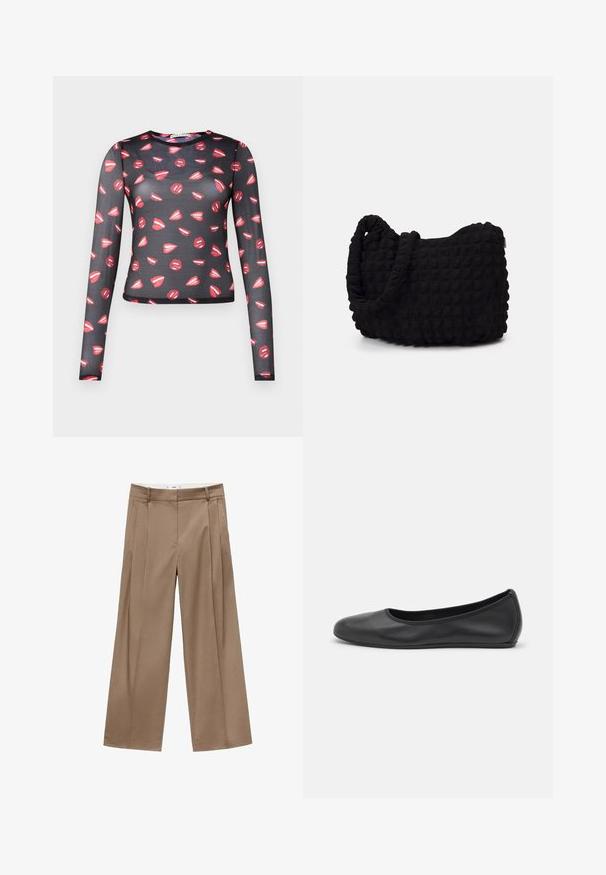 Bluză cu mânecă lungă, din material transparent, de culoare neagră, cu un model repetat de buze roșii și accente albe, cu un design ajustat și decolteu rotund.; Pantaloni largi, cu talie înaltă, într-o nuanță caldă de maro, cu pliseuri în față și un finisaj curat, concepuți pentru un aspect elegant și un confort sporit.; Balerini din piele neagră, cu vârf rotund, textură netedă, detalii de cusătură minimale și un design al tălpii flexibil.; Geantă dintr-un material textil negru, cu un model texturat și matlasat. Formă rotundă, mânere scurte și groase, și o structură moale, flexibilă.