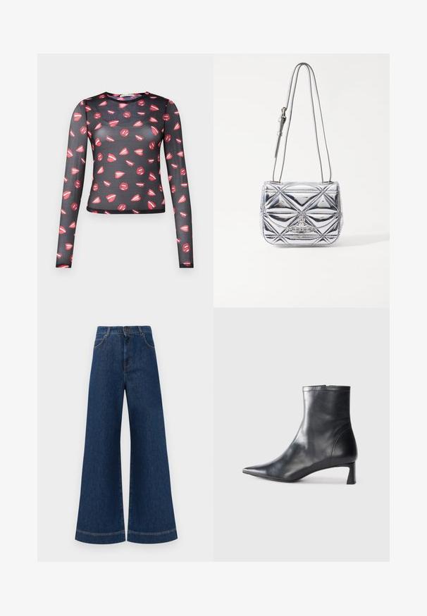 Ilga rankovė, permatoma juoda palaidinė su pakartotu raudonų lūpų raštu ir baltomis detalėmis, aptempta forma ir apvaliu iškirpimu.; Plati mėlynos džinsinės kelnės su aukštu liemeniu, turinčios mygtukų užsegimą, diržo kilpas ir subtilius siuvinėjimo akcentus ant kišenių bei apdailos.; Juodas odinis kulkšninis batas su smailiu pirštu ir elegantišku dizainu. Turi žemą kulną ir užtrauktuką gale. Lygi tekstūra.; Metalinio sidabro spalvos kryžminė rankinė, turinti geometrinį siuvinėtų raštą, plokščią užsegimą ir reguliuojamą dirželį su sidabro spalvos detalėmis.