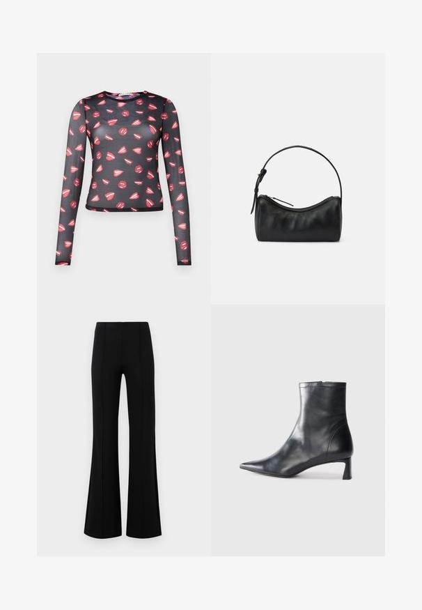 Dlhý rukáv, priehľadný čierny top s opakujúcim sa vzorom červených pier s bielymi akcentmi, priliehavý strih a okrúhly výstrih.; Čierne rozšírené nohavice s vysokým pásom, vyrobené z elastického materiálu. Obsahujú vertikálne švy na prednej strane a hladkú textúru.; Čierne kožené členkové topánky s špicatou špičkou a elegantným dizajnom. Majú nízky podpätok a zips na zadnej strane. Hladká textúra.; Čierna kožená ramenná taška s zakriveným dizajnom, zipsovým zapínaním a štíhlym popruhom. Vyznačuje sa hladkou textúrou a jemnými detailmi šitia.