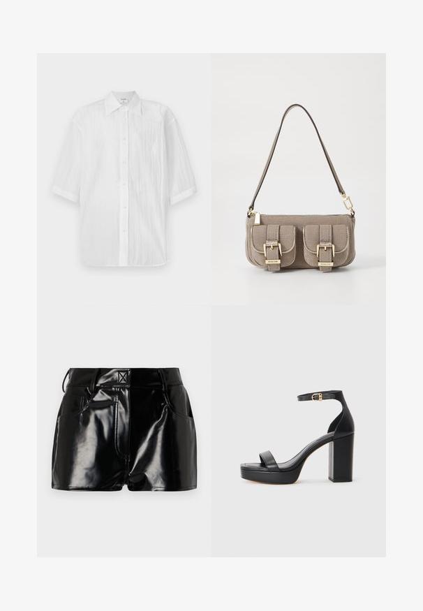 Bela kratka majica s kratkimi rokavi, lahka, z teksturirano tkanino, z ovratnikom in ravnim robom, označena z imenom blagovne znamke.; Črne, sijoče kratke hlače iz sintetičnega materiala. Imajo prilegajoč pas, zanke za pas in sprednje žepe z izrazitimi šivi.; Črne platformske sandale z debelim blokom, iz gladkega usnja, odprto obliko prstov in trakom okoli gležnja z zlatim sponko.; Bežna teksturirana torba z nastavljivim trakom, z dvema sprednjima žepoma, zaklenjenima s sponkami, ter z zlatimi kovinskimi dodatki. Zadrga na vrhu.