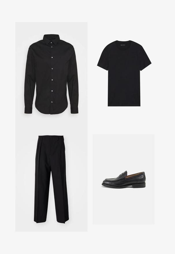 Camicia nera con bottoni, maniche lunghe, colletto classico e vestibilità regolare. Presenta un logo discreto, una texture liscia e bottoni metallici.; T-shirt nera in cotone con maniche corte e scollatura rotonda. Il tessuto ha una consistenza liscia e un design semplice, tinta unita.; Pantaloni neri a pieghe con un design dritto e gamba larga. Realizzati in tessuto morbido, con chiusura a bottone e passanti per cintura.; Mocassini in pelle nera con finitura liscia, punta arrotondata e cuciture decorative sulla tomaia. Tacco basso impilato e leggero lucido.