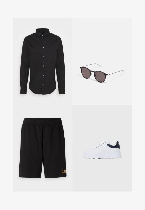 Juodas marškinis su ilgomis rankovėmis, klasikinė apykaklė ir standartinė forma. Savybės: subtilus logotipas, lygus paviršius ir metalinės sagos.; Juodas medvilninis marškinėliai su apvaliu iškirpu, trumpomis rankovėmis ir baltu "EMPORIO ARMANI" logotipu virš "Milano" kreivame dizaino.; Juoda sportinė šortai, pagaminti iš minkštos medžiagos, su elastingu diržu ir maža geltona EA7 logo apatinėje kairėje kojoje.; Baltieji sportbačiai su tamsiai mėlynais akcentais, turintys lygų paviršių, apvalią noselę ir iškilų padu, papuošti logotipu šone.; Juodos apvalios saulės akinių su tamsiais lęšiais ir plonomis metalinėmis šakomis. Įtraukti skaidrūs šventyklų galai ir sidabriniai akcentai vyrio srityje. Minimalistinis dizainas.