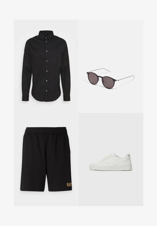 Juodas marškinis su ilgomis rankovėmis, klasikinė apykaklė ir standartinė forma. Savybės: subtilus logotipas, lygus paviršius ir metalinės sagos.; Juoda sportinė šortai, pagaminti iš minkštos medžiagos, su elastingu diržu ir maža geltona EA7 logo apatinėje kairėje kojoje.; Balti odiniai sportiniai bateliai su lygia apdaila, apvaliu pirštu, plokščiais raišteliais ir tekstūruotu padu. Pasižymi subtiliu logotipu ant kulno.; Juodos apvalios saulės akinių su tamsiais lęšiais ir plonomis metalinėmis šakomis. Įtraukti skaidrūs šventyklų galai ir sidabriniai akcentai vyrio srityje. Minimalistinis dizainas.