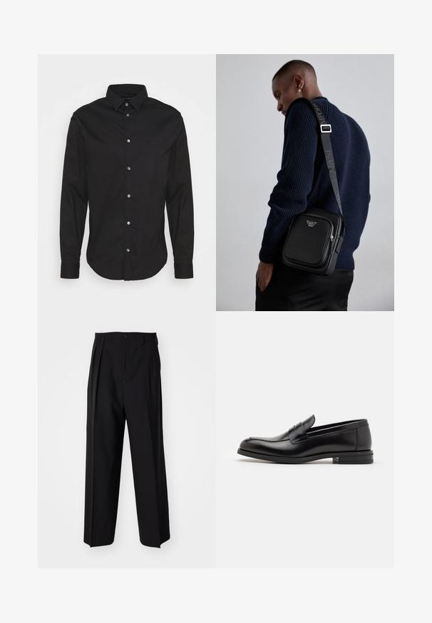 Mustapaita, jossa on pitkät hihat, klassinen kaulus ja normaali leikkaus. Sisältää huomaamattoman logon, sileän pinnan ja metalliset napit.; Mustat laskostetut housut, joissa on suora, leveä lahje. Valmistettu sileästä kankaasta, jossa on nappisuljenta ja vyölenkit.; Mustat nahkakengät, joissa on sileä pinta, pyöreä kärki ja koristeellinen nauha jalkapöydän yli. Matala pinoitu koroke, minimalistinen muotoilu.; Mustat nahkainen olkalaukku, jossa on vetoketjullinen osasto, logoyksityiskohta ja brändätty säädettävä hihna. Päällä teksturoitu tummansininen villapaita.