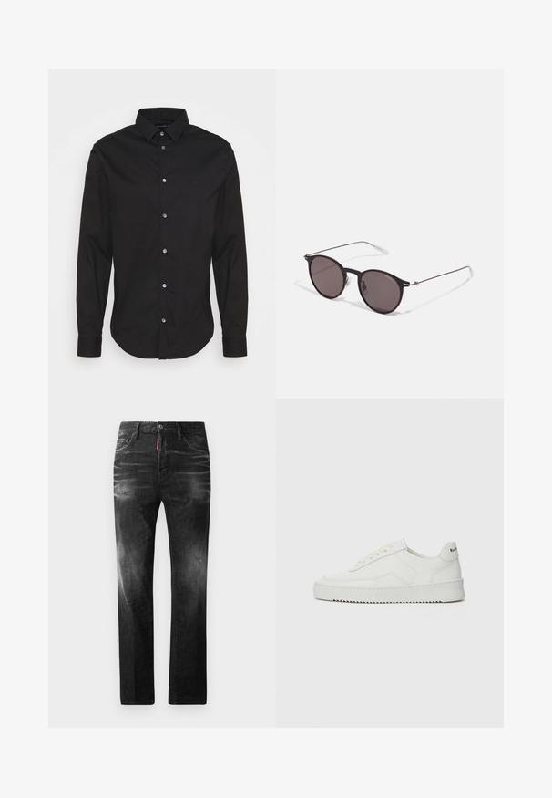 Camicia nera con bottoni, maniche lunghe, colletto classico e vestibilità regolare. Presenta un logo discreto, una texture liscia e bottoni metallici.; Jeans in denim nero con vestibilità dritta. Presentano aree sbiadite, leggeri segni di usura, classico design a cinque tasche e chiusura con bottone.; Sneaker in pelle bianca con una finitura liscia, punta rotonda, lacci piatti e suola testurizzata. Presenta un logo discreto sul tallone.; Occhiali da sole neri rotondi con lenti scure e sottili bracci in metallo. Include punte trasparenti e accenti argentati alla cerniera. Design minimalista.
