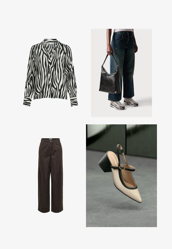 VILA V AUSSCHNITT - Button-down blouse - black; Wide-leg pants in dark brown, made of cotton, featuring a classic waistband, zip fly, five pockets, and minimalist stitching details.; Beige pointed-toe slingback shoe with black trim, gold buckle, and a chunky block heel on gray floor with dark green background.; Black leather shoulder bag with a smooth texture and adjustable strap, paired with faded wide-leg jeans and athletic sneakers.