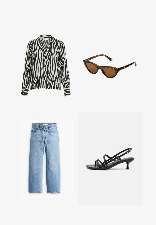 VILA V AUSSCHNITT - Button-down blouse - black; Light blue denim wide-leg jeans with a high waist, button and zip closure, and a drawstring detail at the waist. Raw hem finish.; Black heeled sandals with multiple crisscross straps. Smooth material, pointed toe, and narrow heel. Adjustable ankle strap with buckle.; Cat-eye sunglasses with a black and orange tortoiseshell frame, brown lenses, and sleek, pointed tips. Features a minimal logo on the temple.; Gold handbag features textured fabric with round metallic studs, a triangular logo plate, and a chain strap with round metal grommets.; Gold hoop earrings, four pieces, smooth finish, rounded design, varying sizes, featuring a hinged clasp for easy wear.